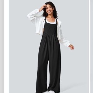 Halara Women’s Pockets Waffle Casual Overalls Wide Leg Black NWT Size Small